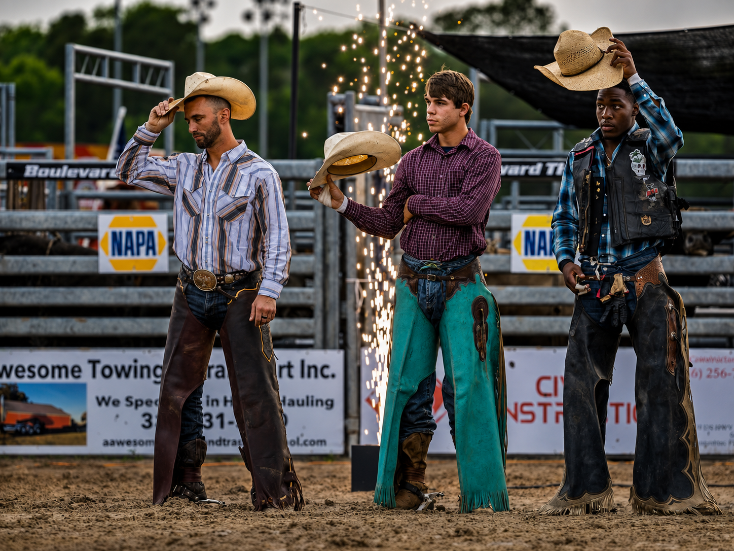 Cold spark fountain firing beside the cowboys during bull rider introductions at the Flagler Rodeo