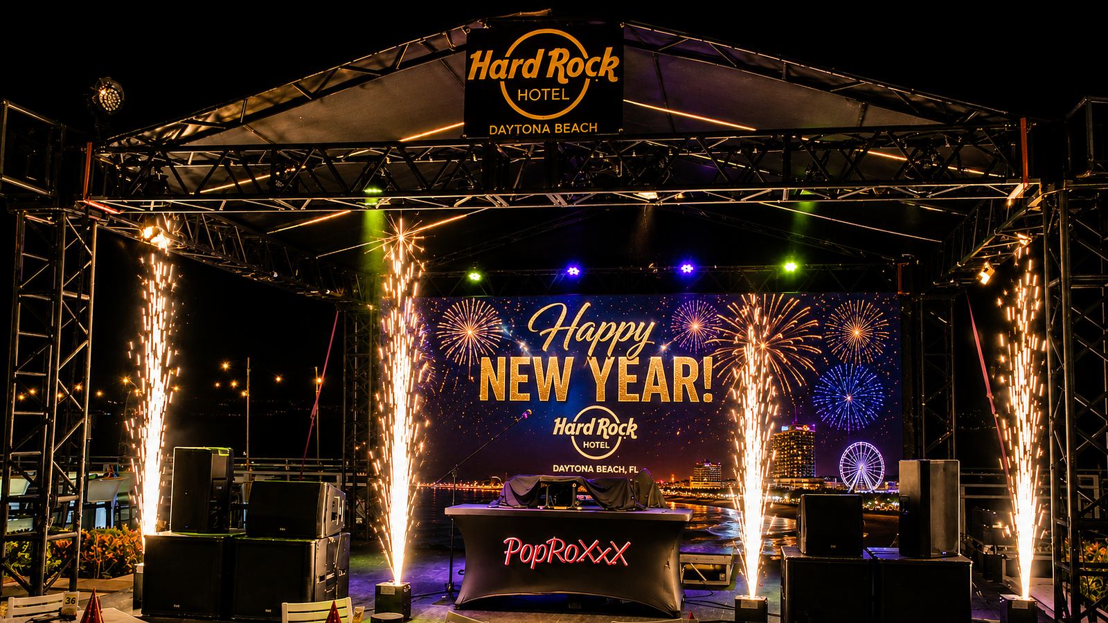 Cold spark fountains flanking a New Year's Eve stage
