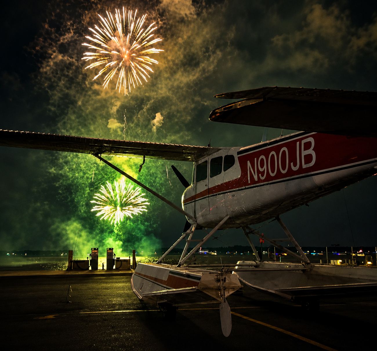 Fourth of July fireworks over seaplanes in Tavares, Florida