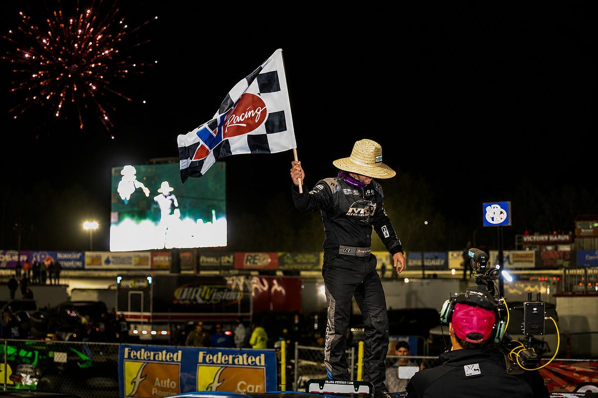 Fireworks over the finish line at Volusia Speedway Park