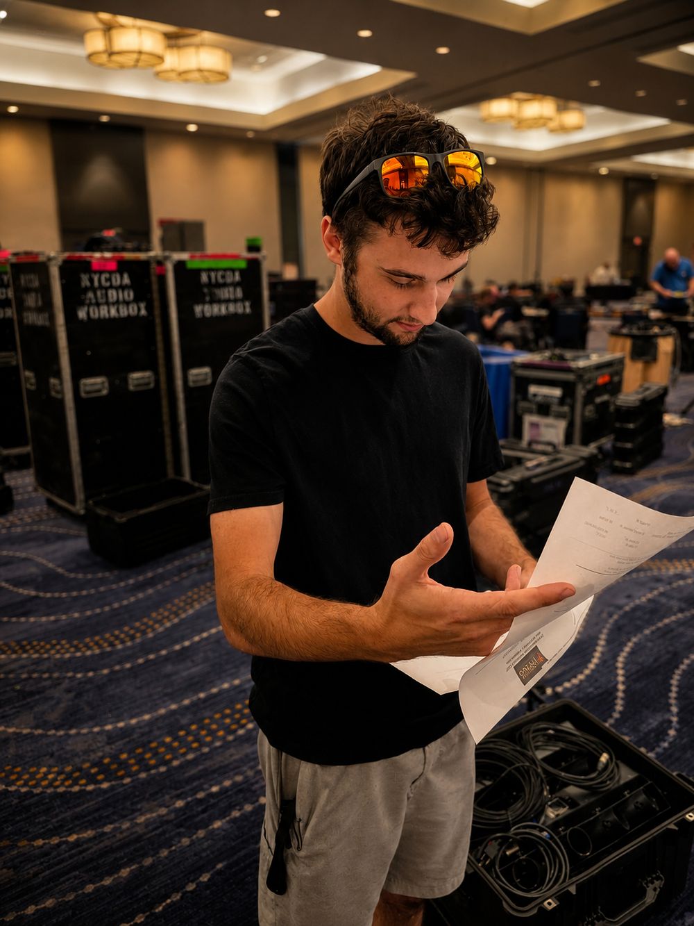 Crew member reviewing the cue sheet in a ballroom before a show