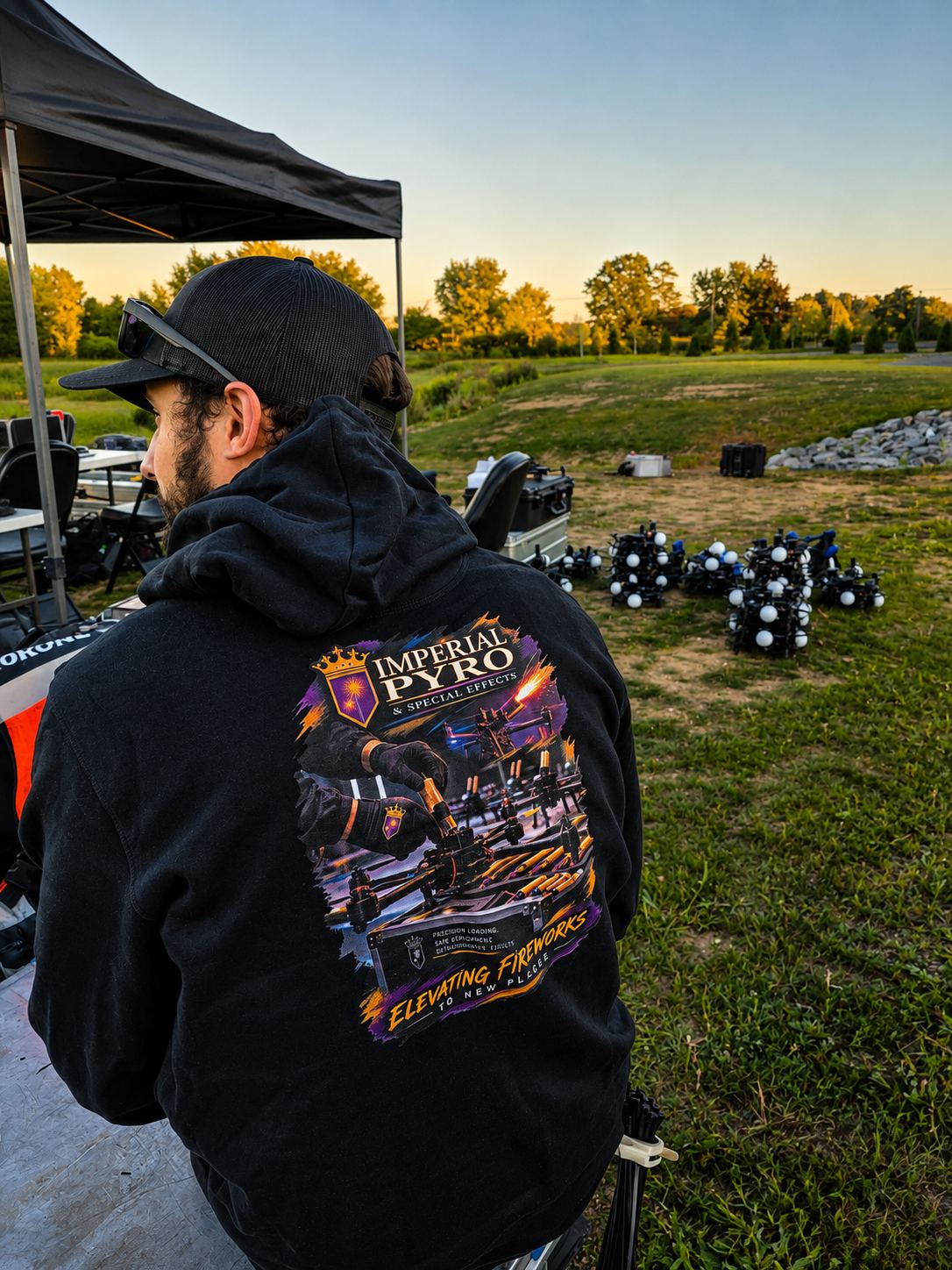 Crew member in an Imperial Pyro hoodie preparing pyro drones for a partner drone show at sunset