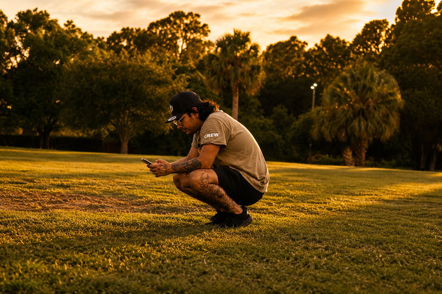 Crew member running pre-show checks on site at golden hour
