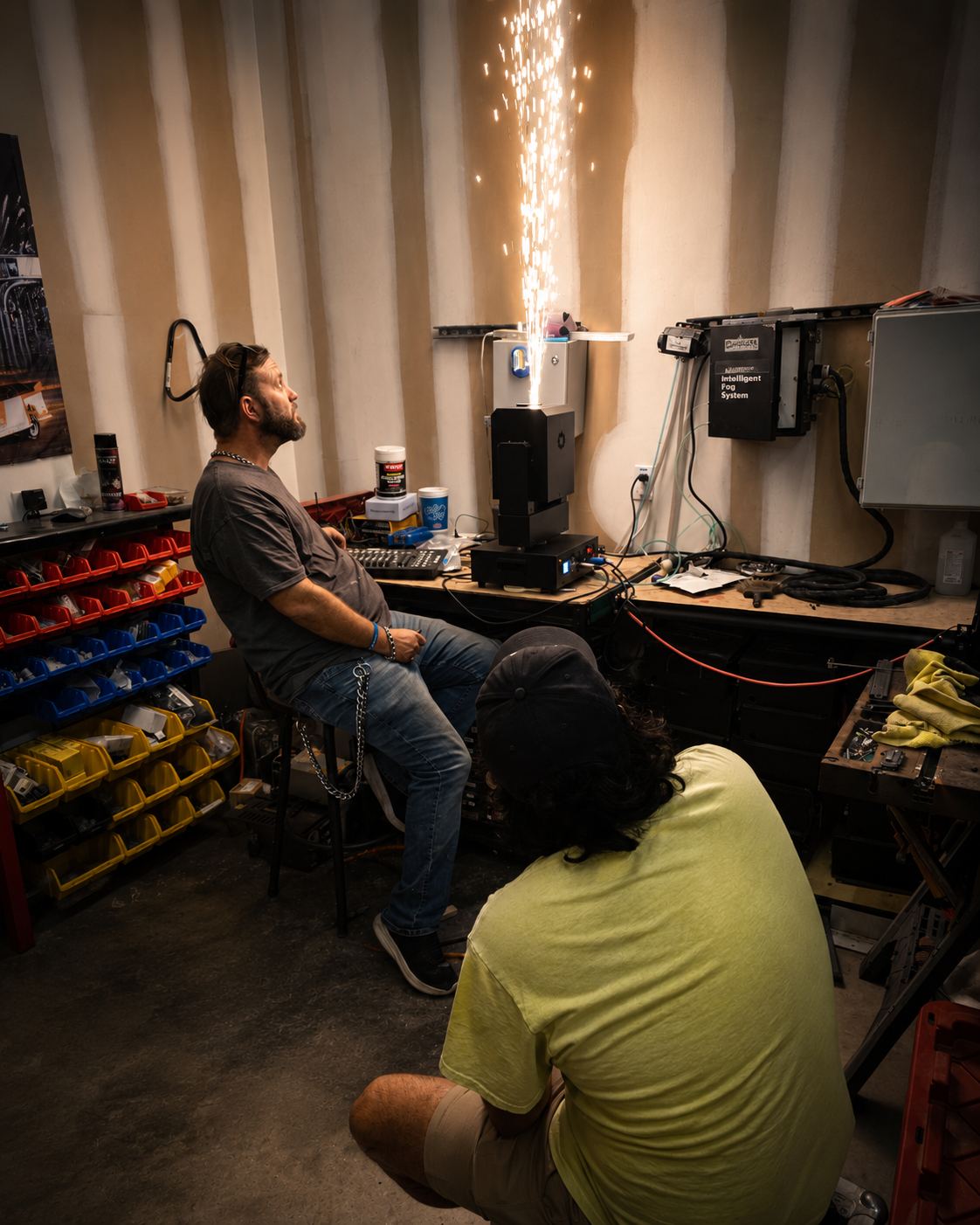 Imperial Pyro crew testing a cold spark machine and Intelligent Fog System in the shop
