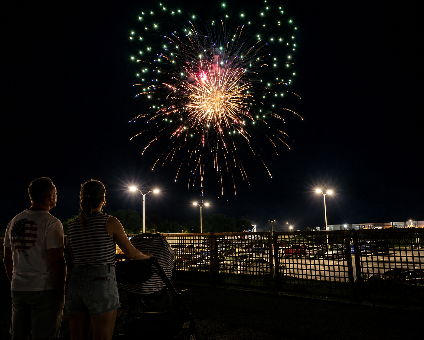A crowd watching an Imperial Pyro fireworks display from a railing