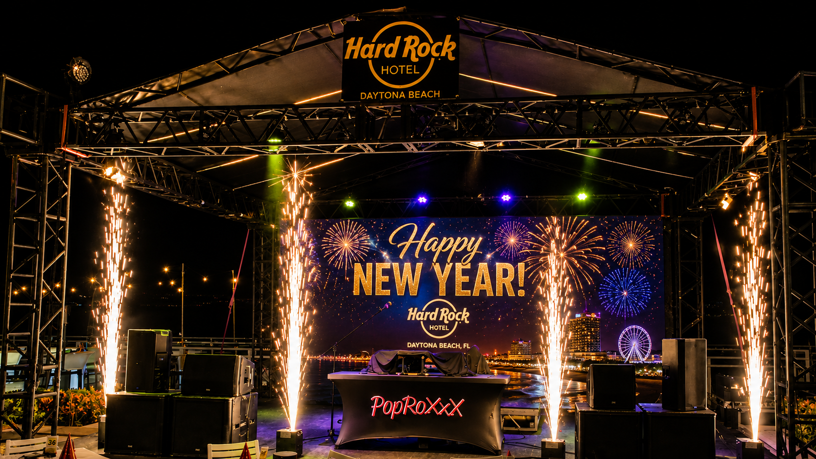 Cold spark fountains flanking a stage