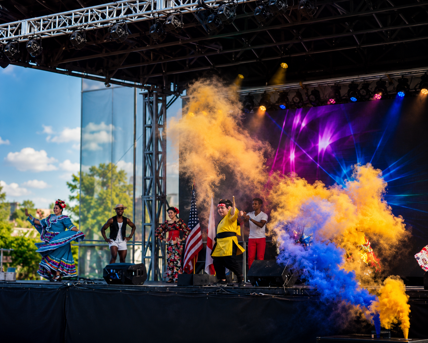 Fusion Fest performers on stage with colored smoke effects in Orlando &mdash; Imperial Pyro