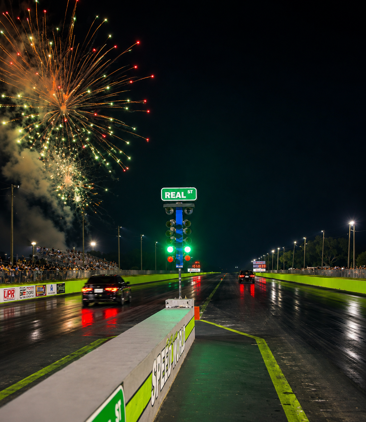 Fireworks over the drag strip at Orlando Speed World with race cars launching &mdash; Imperial Pyro