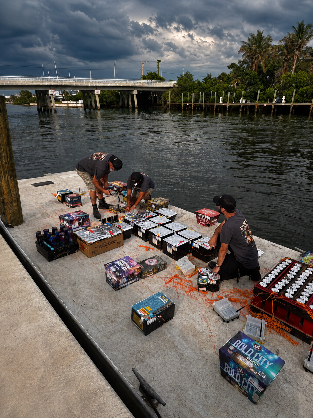 Crew wiring a fireworks barge at a dock