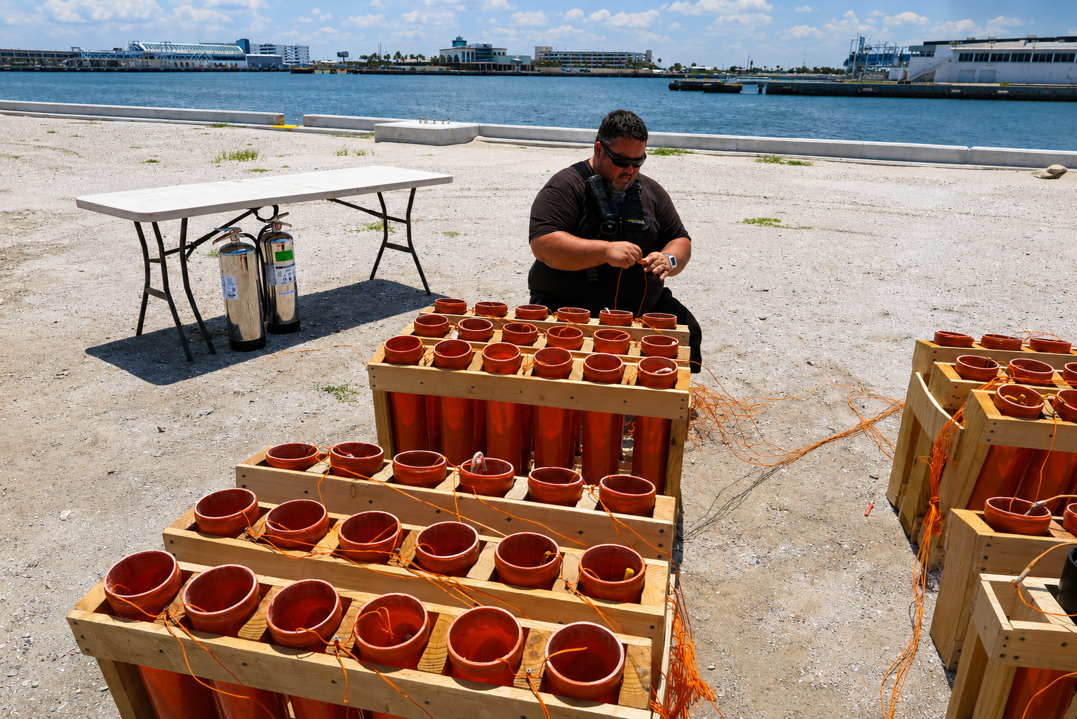 Mortar racks staged on site before a fireworks display