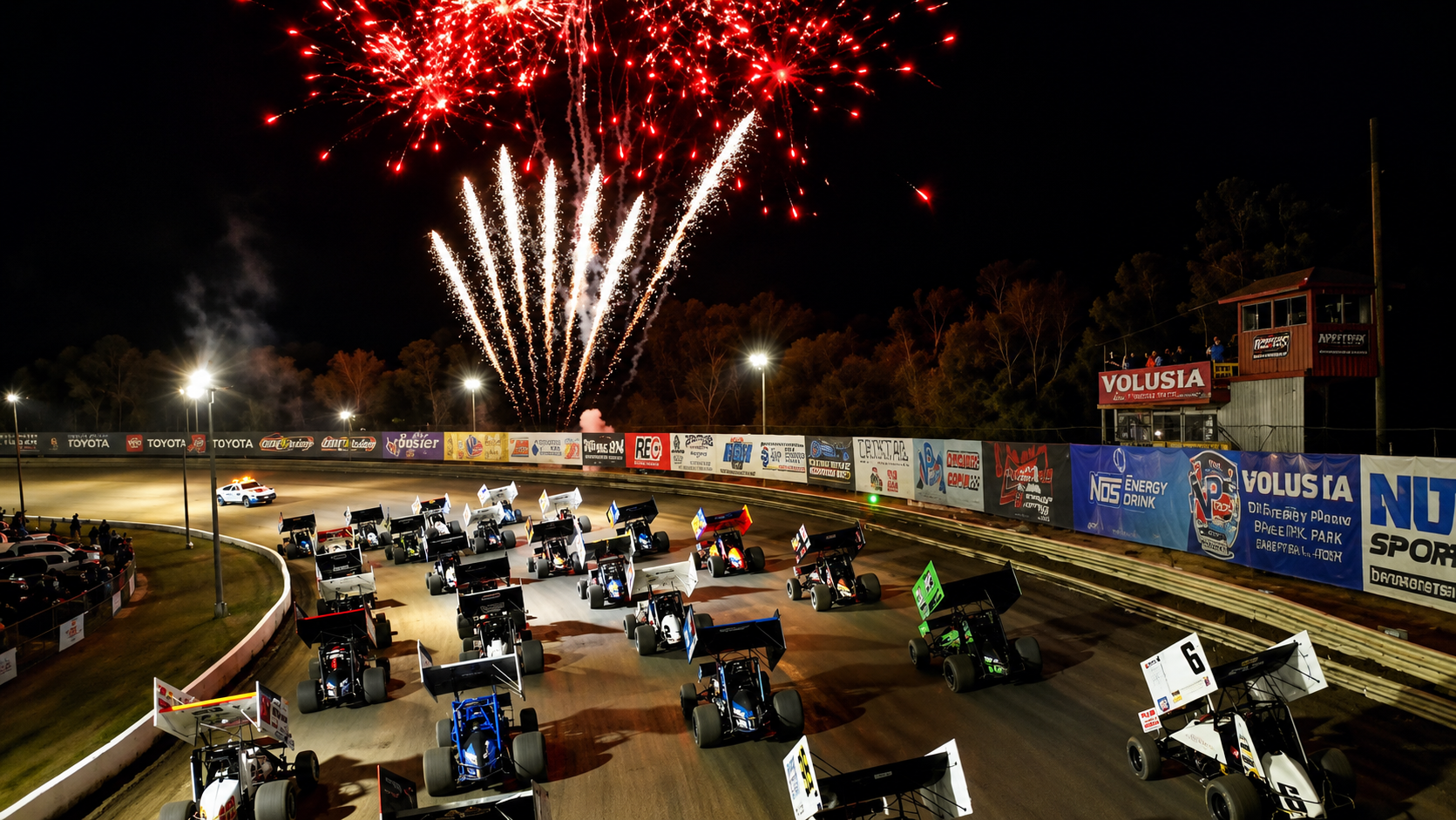 Fireworks over sprint cars at Volusia Speedway Park — Imperial Pyro serving Volusia County