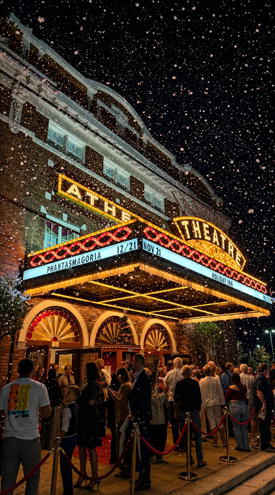 Snow effects falling at the Athens Theatre marquee in DeLand