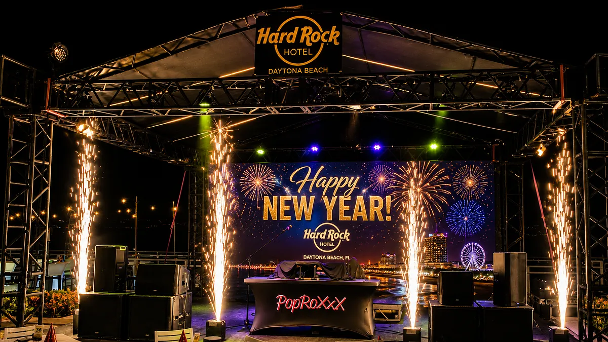Stage pyrotechnics at a New Year's Eve concert, Hard Rock Hotel Daytona Beach