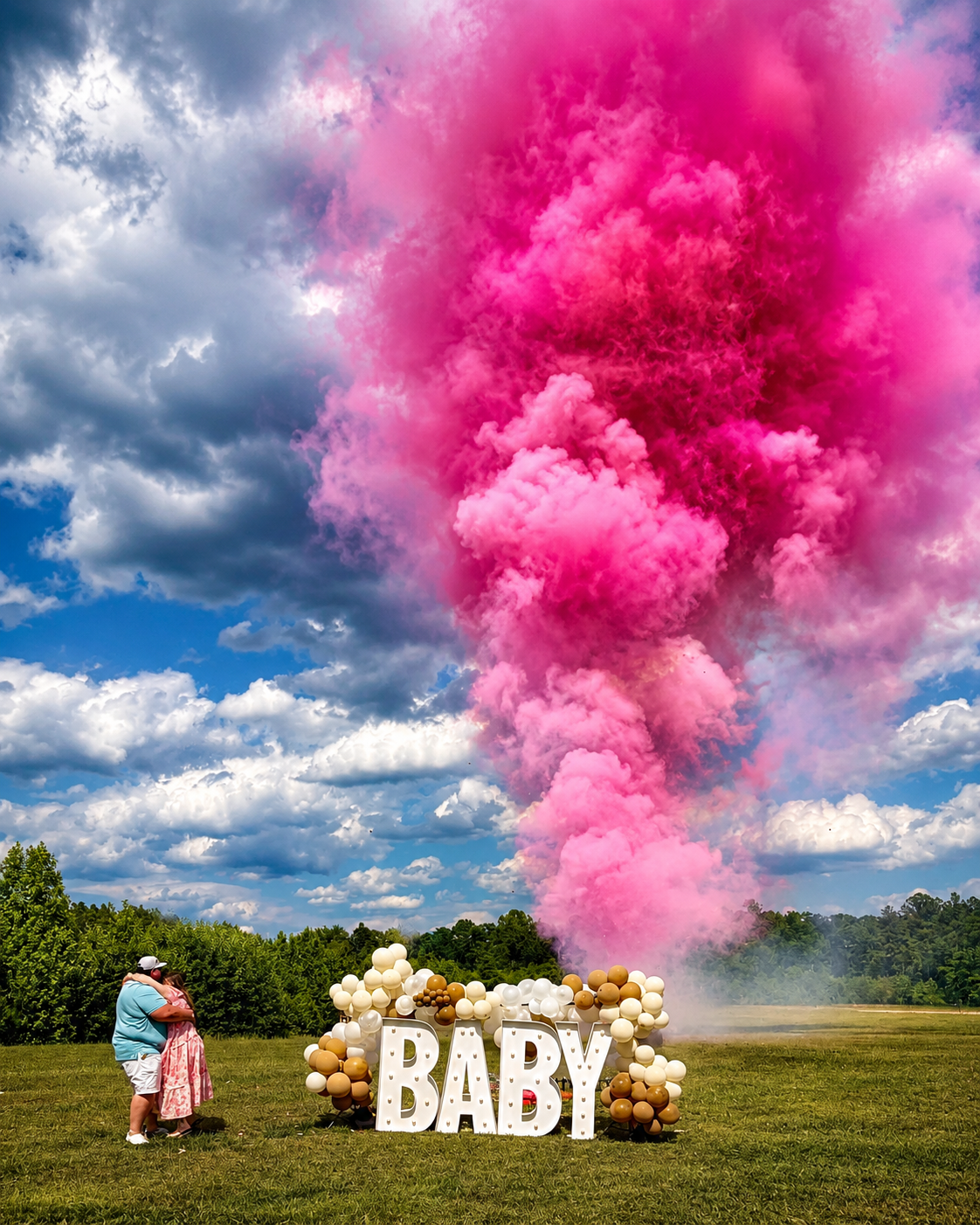Pink smoke plume from a BABY sign