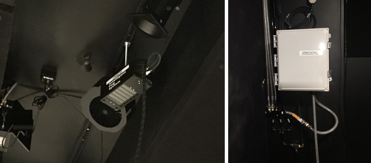 Intelligent Fog System components used at Museum of the Bible, including a remote fog head, control system, effect fan, and centralized fluid pumping station