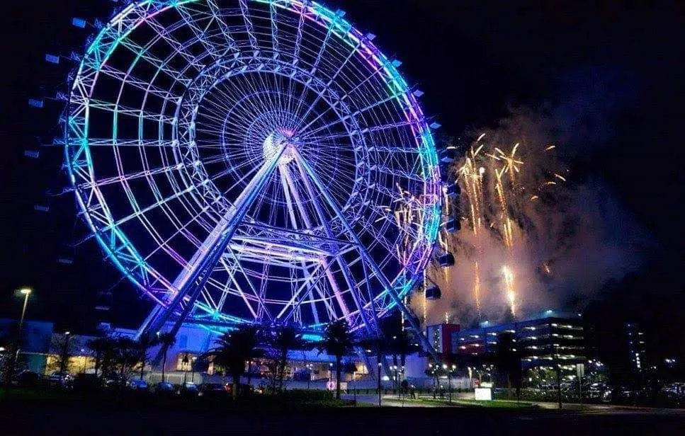 Aerial fireworks bursting behind an illuminated Ferris wheel during a nighttime park spectacular