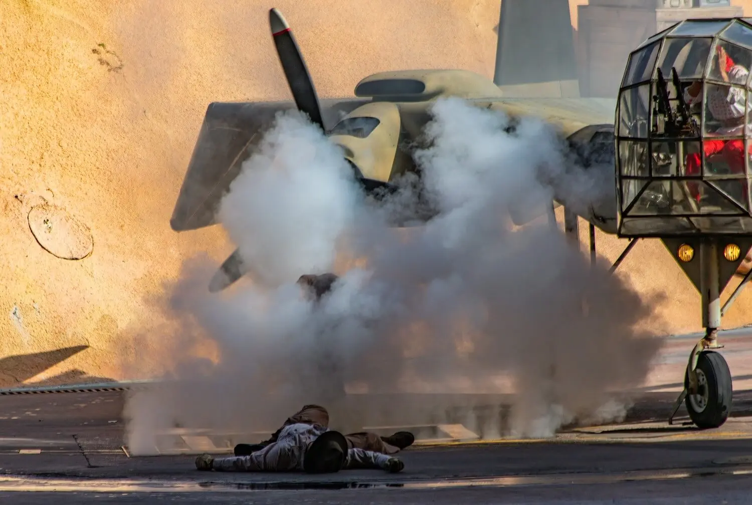 Smoke and atmospheric effects during the Indiana Jones Epic Stunt Spectacular at Disney's Hollywood Studios