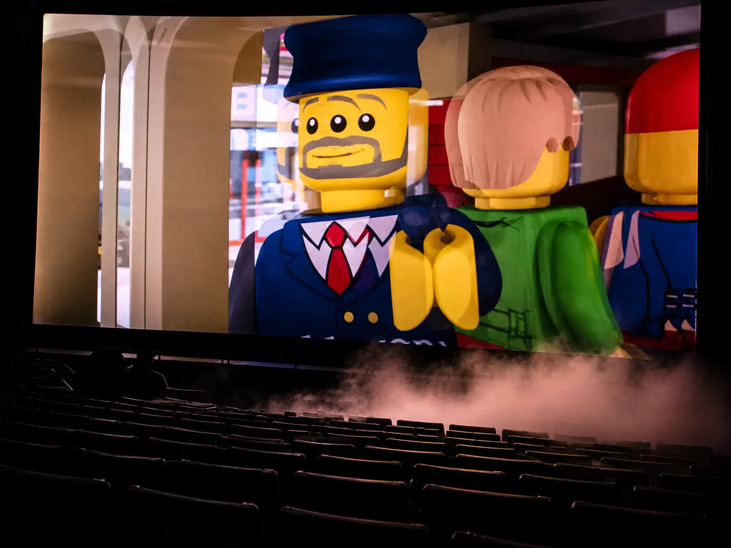 Low fog effects in the Legoland Florida 4D theater during a LEGO movie screening