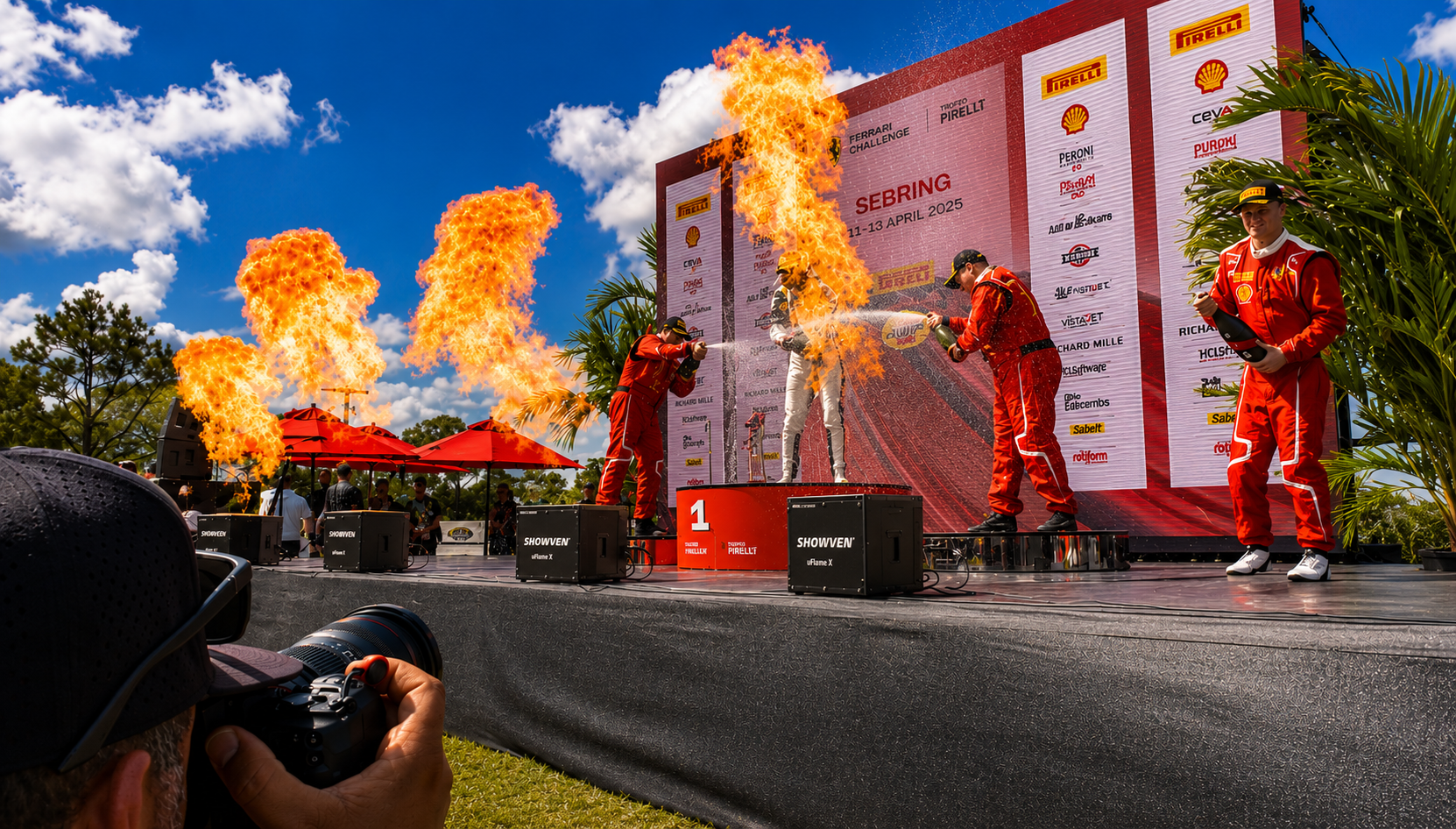 Flame columns at a podium event