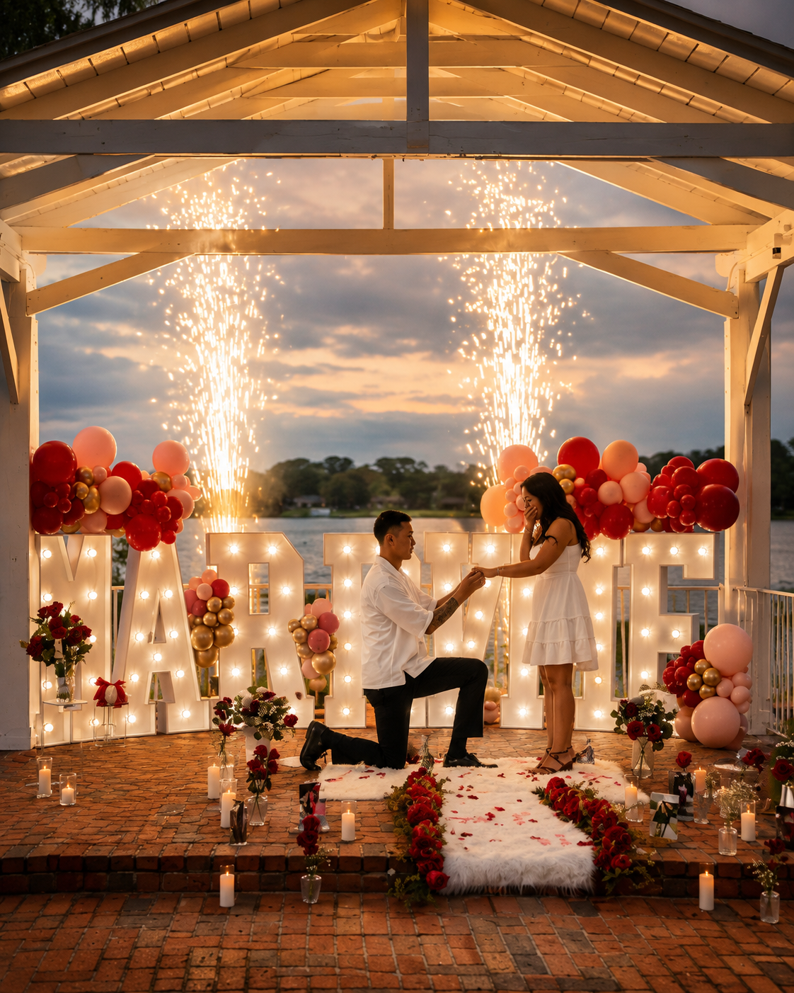 A proposal framed by golden gerb fountains