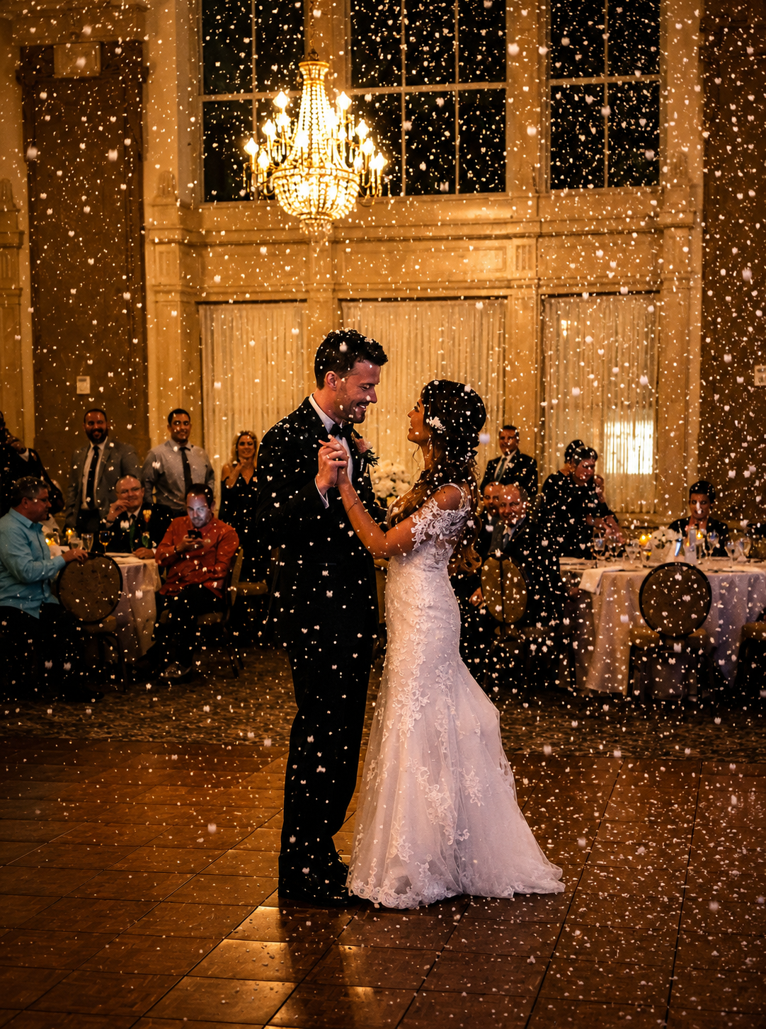Close-up of indoor snow over a first dance